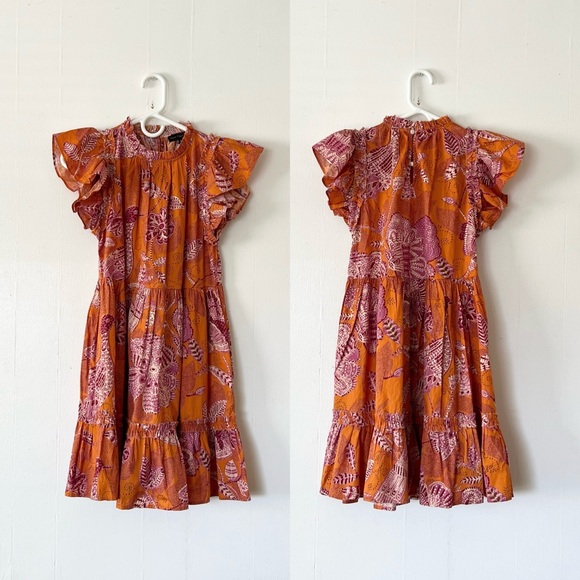 House of Harlow 1960 Orange Floral Bird Boho Tiered Mini Cotton Dress Size Small - Picture 1 of 7